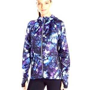 NANETTE LEPORE BLACK/PURPLE ZIP FRONT HOODED WINDBREAKER • sz M